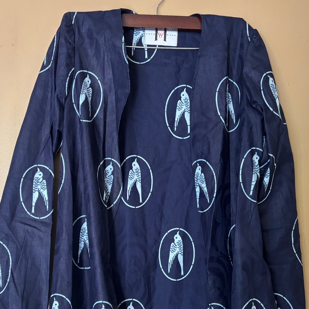 Navy Blue Parrot Print Open long over coat indoor Jacket